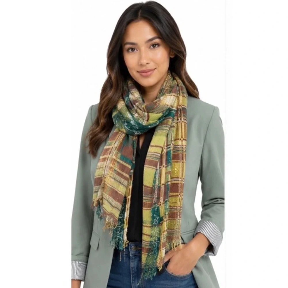 Green Gold Plaid‎ Paisley Metallic Thread Lightweight Scarf Chic Fairycore 89-53